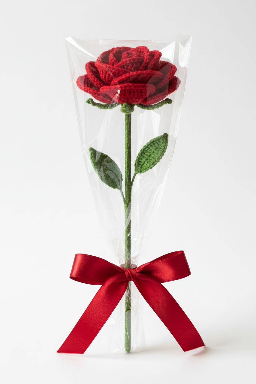 Single Red Rose Crochet Flower Gift Wrapped